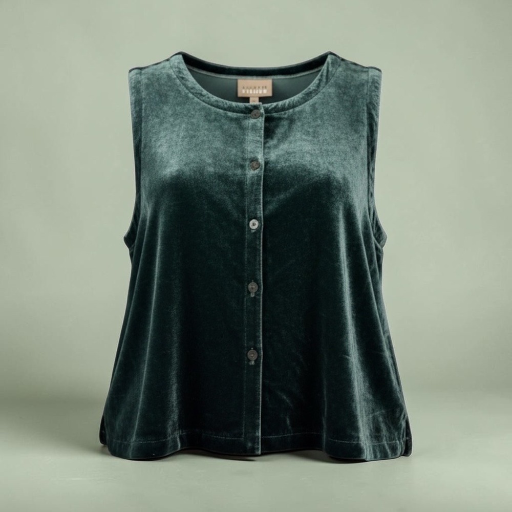 Eileen Fisher Green Velvet Vest ButtonFront Boxy Crop M 90s Minimalist Lagenlook